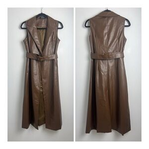 NEW SM Collection Small Brown Vegan Leather Sleeveless 1-Button Belted Dress